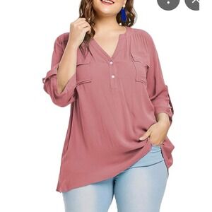 Autograph Women Plus Size 16 Dusty Rose Roll-Tab Sleeve V-Neck Blouse Top Pink